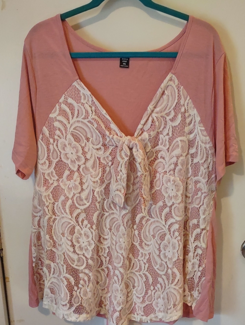SHEIN Pink Lace-Front Tie Top 4xl